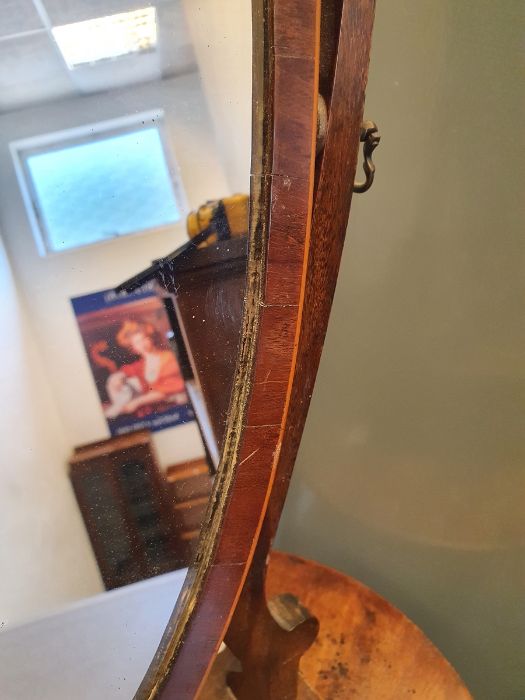 19th century mahogany shield-shaped dressing mirror with three drawers to the bowfront base, on ogee - Image 7 of 20