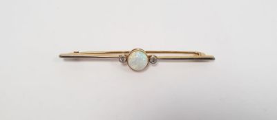 Yellow gold bar brooch set with a fire opal and two diamonds, not hallmarked