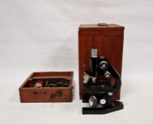 Early 20th century Bausch & Lomb black lacquered monocular microscope (290371) with mahogany case