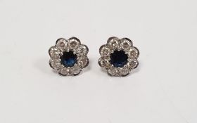 Pair white metal, sapphire and diamond cluster earrings