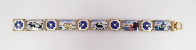 David Andersen Norway sterling silver gilt and enamel bracelet, the panels depicting arctic scenes