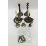 Pair EPNS telescopic candlesticks with gadrooned decoration, two various chamber candlesticks and