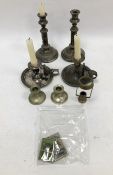 Pair EPNS telescopic candlesticks with gadrooned decoration, two various chamber candlesticks and