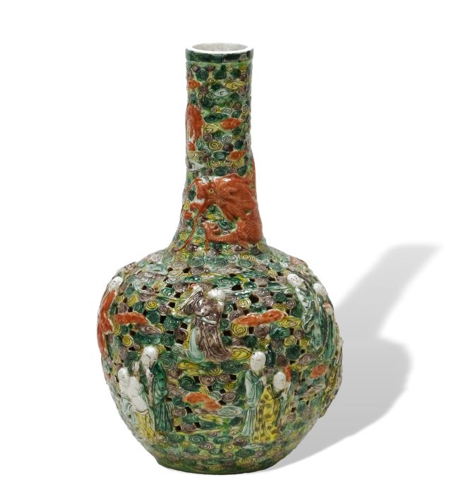 Chinese famille verte vase, the reticulated vase with openwork stylized clouds with immortal