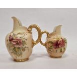 Royal Worcester blush porcelain jug with gilt reeded handle, floral spray decorated, 13cm high and