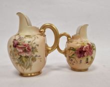 Royal Worcester blush porcelain jug with gilt reeded handle, floral spray decorated, 13cm high and