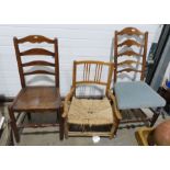 Ladderback elm-seated chair and two further chairs (3)