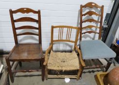 Ladderback elm-seated chair and two further chairs (3)
