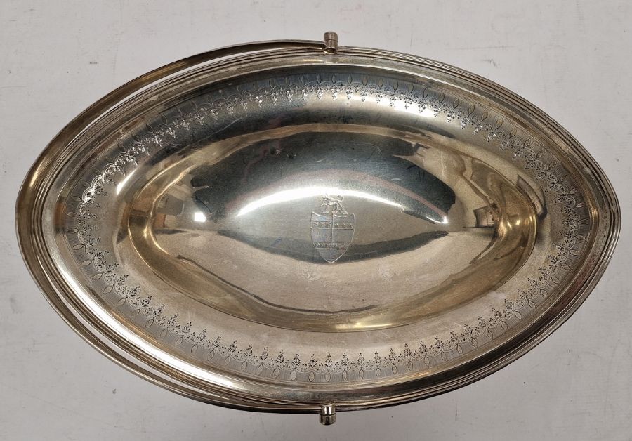 George III silver swing-handled cake basket of navette form, armorial to the centre, William Allen - Image 3 of 11