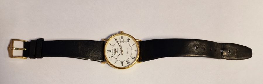 Longines quartz movement gentleman's gold-plated wristwatch, the enamel dial with Roman numerals,