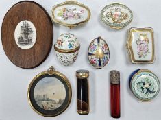 Six enamelled trinket boxes by Limoges and Halcyon Days, a Victorian red glass cylindrical scent