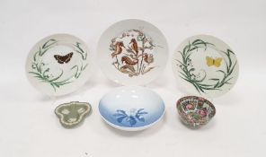 Three Royal Copenhagen plates with hand painted decoration of seahorses and butterflies, a Bing &