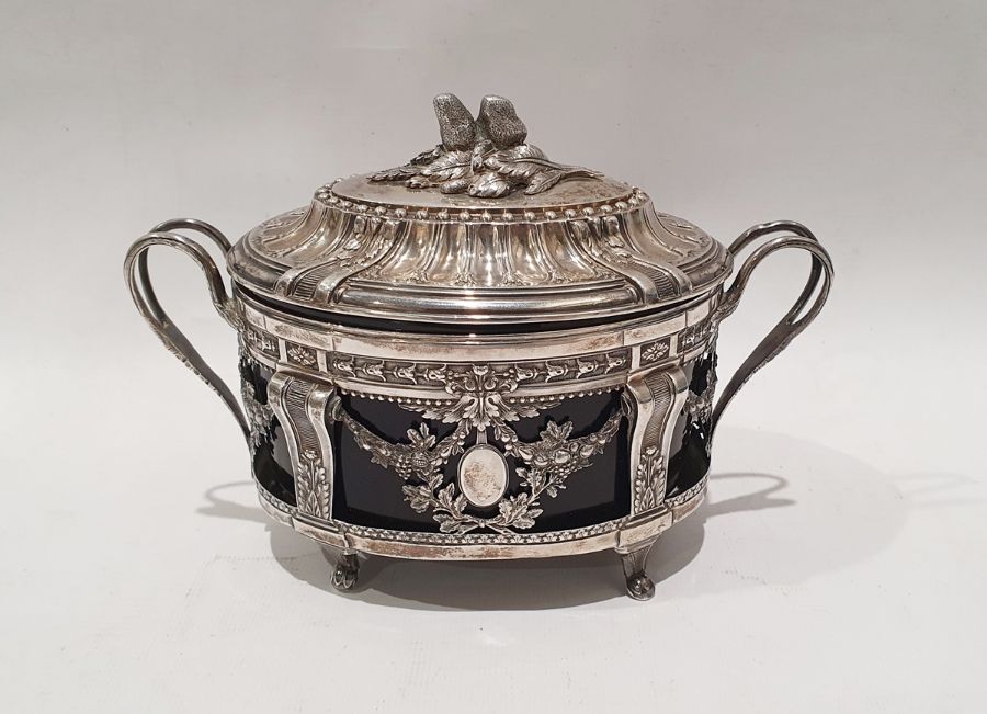 French late 19th century silver and blue glass sugar basket by Leon Lapar, oval, the lid with - Image 5 of 8