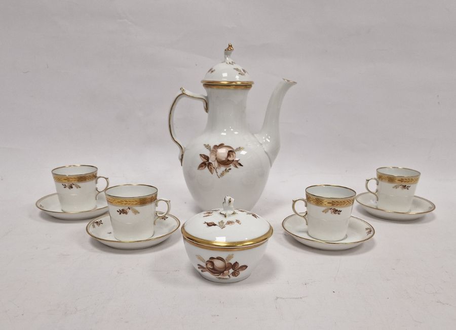 Royal Copenhagen porcelain part coffee set, brown rose pattern, to include coffee pot, covered sugar