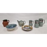 Cloutman Corfe Castle studio pottery teapot, blue glazed, a Seviers blue glazed pottery bowl, a