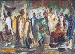 Alphonse Moto (1938)  Oil on board Abstract of African warriors, signed and dated 1965 lower left,