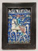 19th century Qajar tile, depicting a horse and rider with falcon, assistant, deer and buildings in