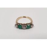 Gold, emerald and diamond five-stone ring set three claw-set diamonds and two rectangular