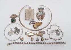 Silver and white metal jewellery to include a bangle, a necklace, a brooch set with micro-mosaic,