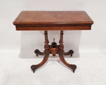 Victorian burr walnut card table, the rectangular top with rounded corners and moulded edge, open to