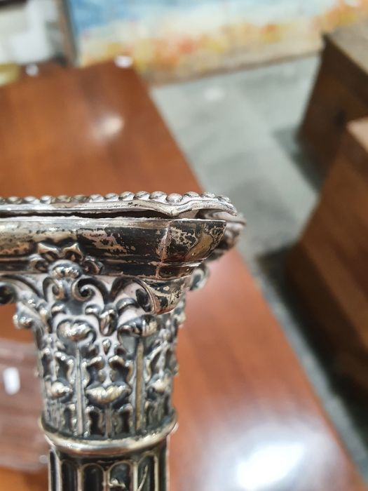 Pair Victorian silver table candlesticks, each of corinthian column form and applied with trailing - Image 15 of 27