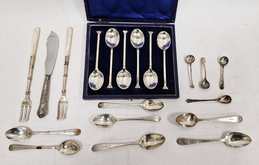 Small quantity of various silver teaspoons and mustard spoons, a cased set of electroplated - Image 2 of 9