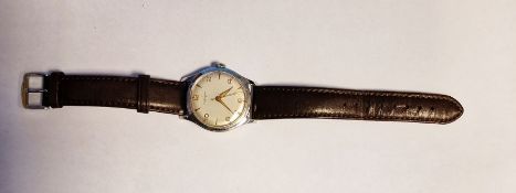 Gentleman’s 1950’s Longines stainless steel wristwatch with Arabic and baton numerals, side button