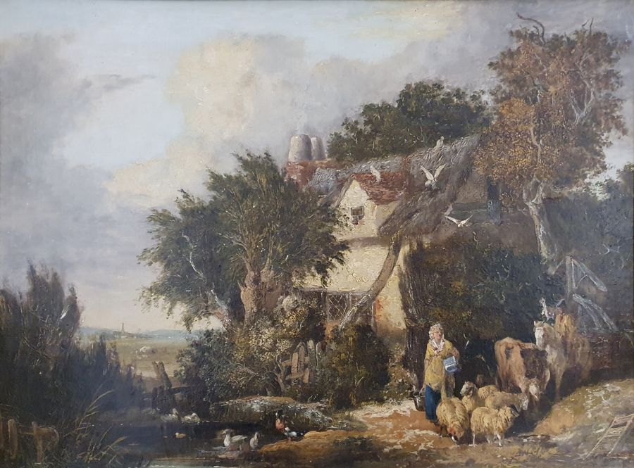 Unattributed Oil on canvas Pastoral scene, cottage in background with female figure carrying milk