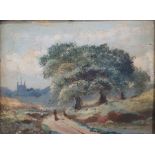 Unattributed Oil on board Rural scene with figures on path, church in background Unattributed Oil on