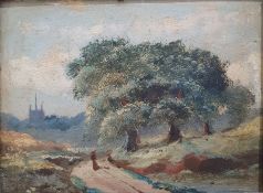 Unattributed Oil on board Rural scene with figures on path, church in background Unattributed Oil on