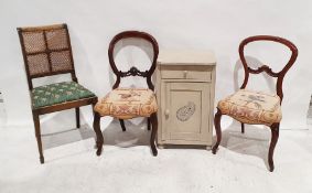 Grey painted single-drawer and cupboard doored pot cupboard and three chairs (4)