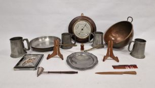 John Barker & Co. Ltd. oak cased marine aneroid barometer, four pewter tankards, a small metal chest