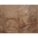 Raymond Berrow (18th century school) Crayon and wash Town scene with bridges and canal, signed and