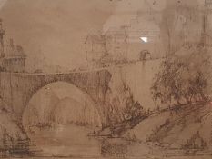 Raymond Berrow (18th century school) Crayon and wash Town scene with bridges and canal, signed and