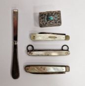 Two silver-plated and mother-of-pearl handled folding fruit knives, further folding silver-handled
