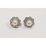 Pair white metal, pearl and diamond cluster earrings