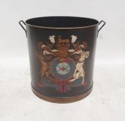 Modern metal log basket of cylindrical form, handpainted armorial to the body, 59cm x 58cm diameter
