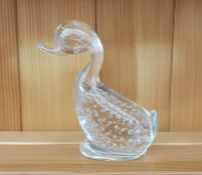 Mid-century Whitefriars glass "Dilly Duck" designed by Geoffrey Baxter, clear glass model of a