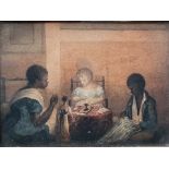 Unattributed Watercolour Group of three children sewing around a small table and candle, with a