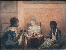 Unattributed Watercolour Group of three children sewing around a small table and candle, with a