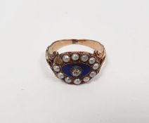 19th century blue enamel, seedpearl and diamond ring set single old cut diamond within blue