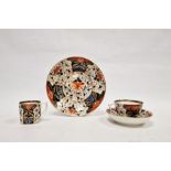 Early 19th century Derby imari pattern trio, viz:- coffee cup, teacup and saucer, and matching