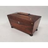 19th century rosewood and mother-of-pearl inlaid sarcophagus-shaped tea caddy, on squat turned feet,