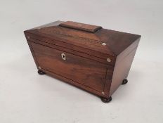 19th century rosewood and mother-of-pearl inlaid sarcophagus-shaped tea caddy, on squat turned feet,