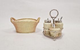 Royal Worcester blush and gilt basket, oval with raised twisted handles, basket weave to the body,