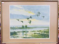 After Peter Scott,  Three signed colour prints, birds in landscapes, 53cm x 35cm each and two others