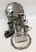 EPNS salver with raised Chippendale border, a similar waiter, sundry pewter mugs and other items (