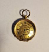 18ct gold-cased open-faced pocket watch, the gold enamel dial with foliate engraving and Arabic