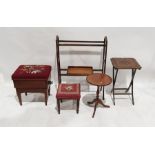 Mahogany and satinwood banded needlework-topped piano stool, a tripod table, a towel rack, a