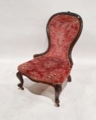 Low Victorian chair with mahogany frame, pink upholstered back and seat, on cabriole front legs